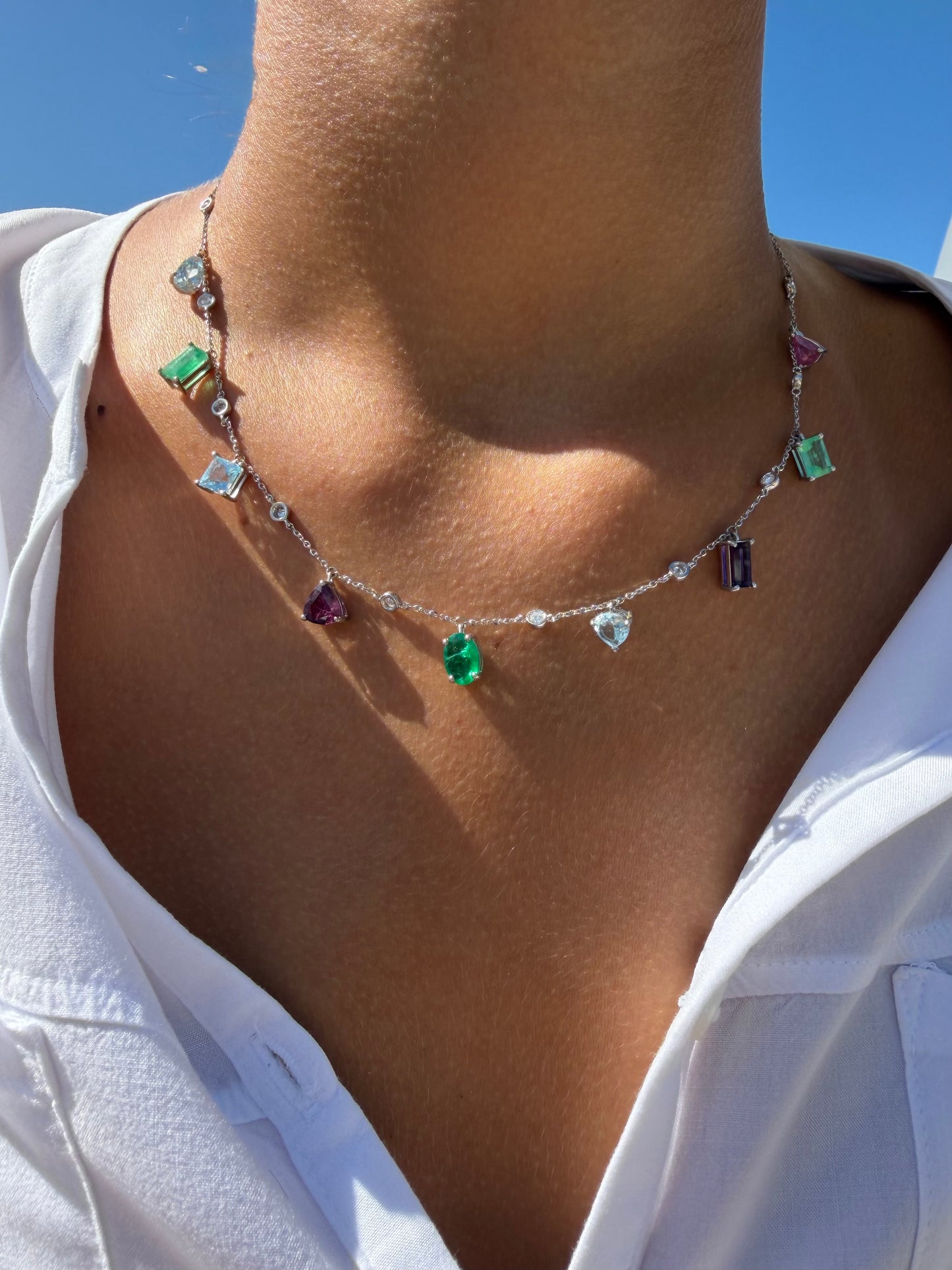 White gold chain with dangling gemstones
